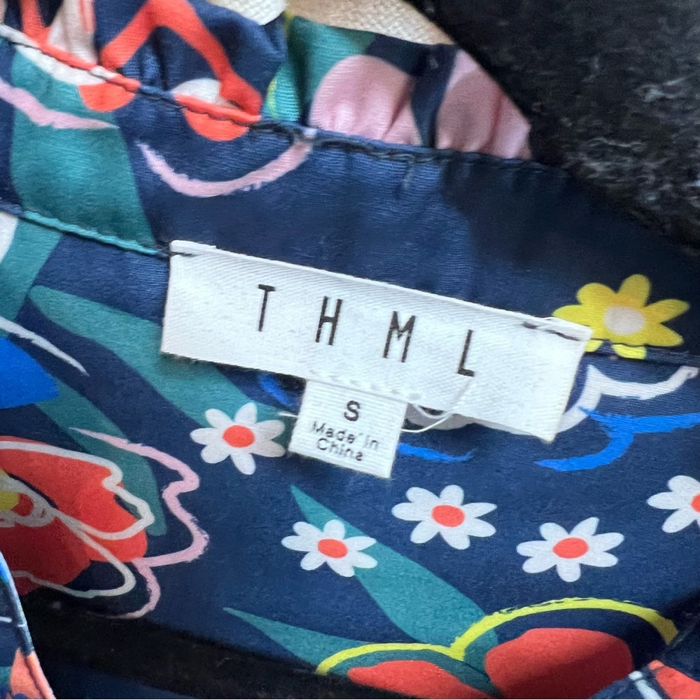 THML Bright Blue Botanical Print Puff Sleeve Resortwear Blouse, S - Picture 11 of 11